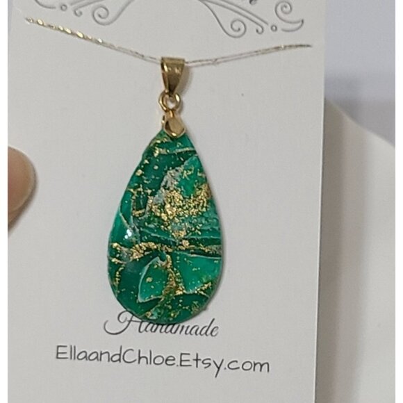 Handcrafted Large Chunky Emerald Green Gold Teardrop Gemstone Inspired Pendant - Picture 3 of 7